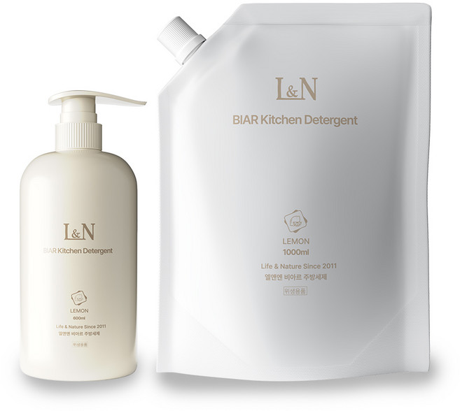 L&N 비아르 주방세제 본품 600ml+리필 1000ml 총 1.6L, 1개