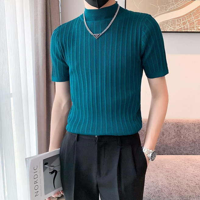 AOKADA 남성 반목 니트 반팔 반폴라 스트라이프 슬림 머슬핏 솔리드 반팔티 오피스록 비즈니스 셔츠