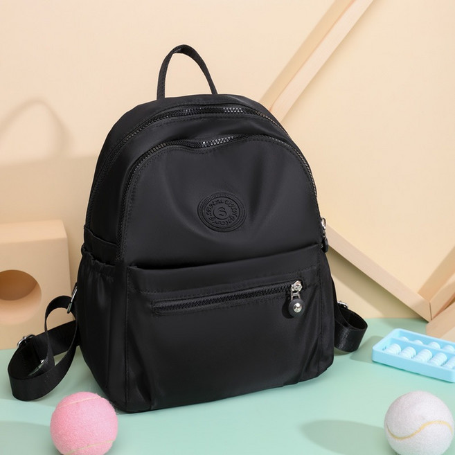 SENSM 輕量尼龍防水小後背包 多隔層設計 學生休閒旅行雙肩包, 黑色(尼龍)