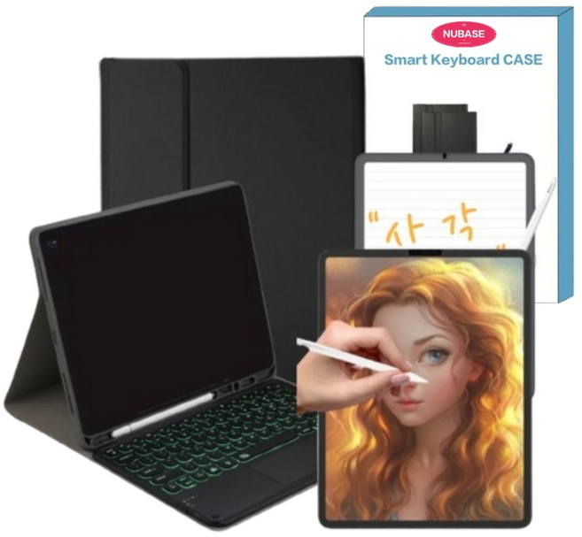 NUBASE 아이패드 m4 애플펜슬 수납 키보드 커버 케이스 한국어자판 블루투스 키보드, 06. 블랙, 1개