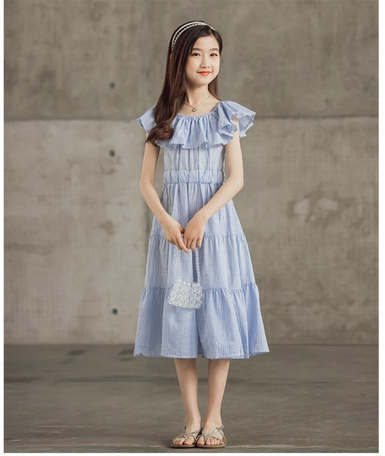 아이짱 초등학생 주니어 여아 스트라이프숄더원피스 고학년