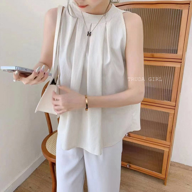 杜達女孩韓版氣質棉麻壓皺繞脖吊帶背心掛脖上衣 無袖露肩上衣 百搭