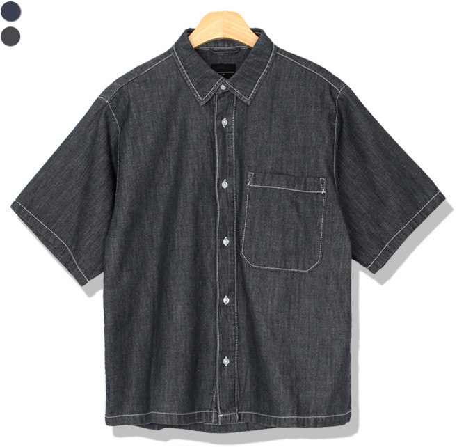 오마보이 남성용 썸머 생지 화이트 스티치 오버핏 반팔 청남방