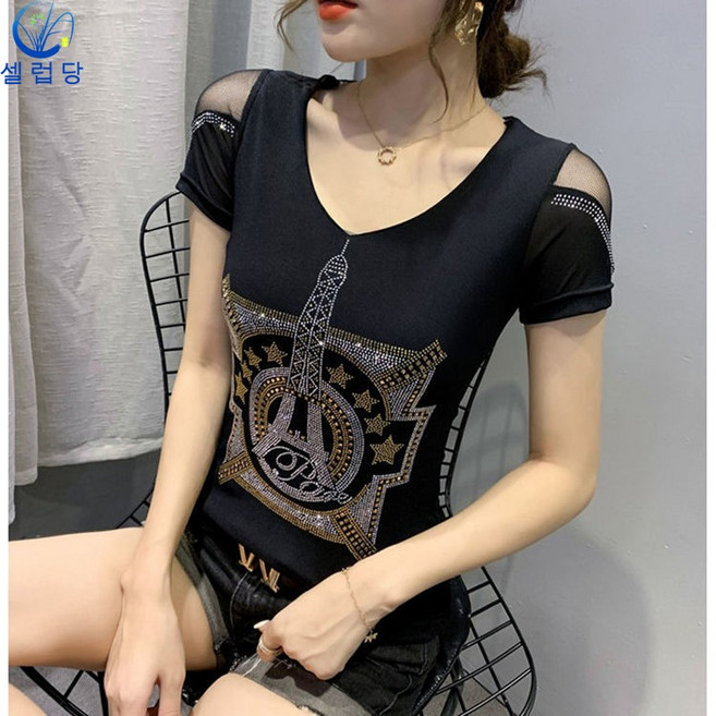 셀럽당 망사 티셔츠 여자 아름다운 등 홑적삼 슬림핏 톱