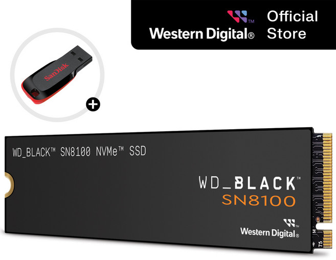 WD SSD M.2 NVMe BLACK SN8100 PCIe Gen5 대용량 고성능 노트북 컴퓨터 PS5호환 + USB 패키지, 1XOM, 2TB