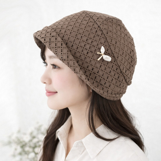 마리 레이스 진주 리본 두건 여성 비니 모자
