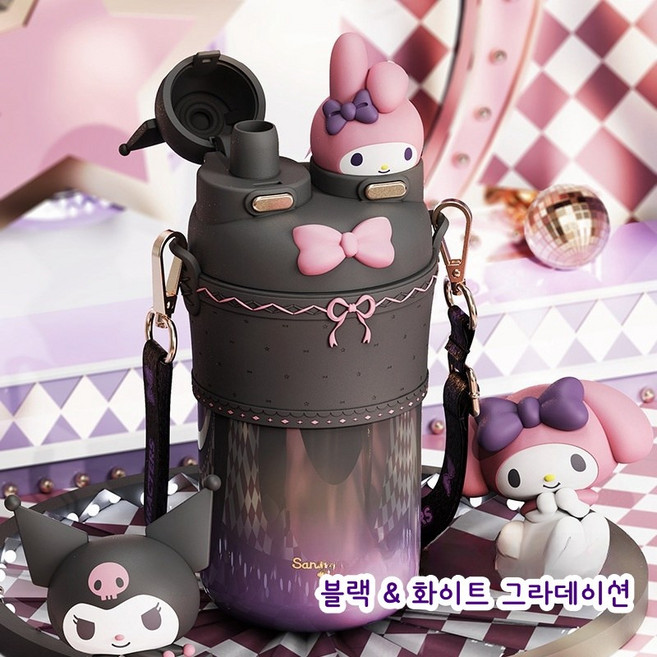 산리오 쿠로미 로리타 더블 월 보온병 보온 물통 텀블러 550mL 빨대 선물 여성 가을/겨울 필수품, 검은색, 1개