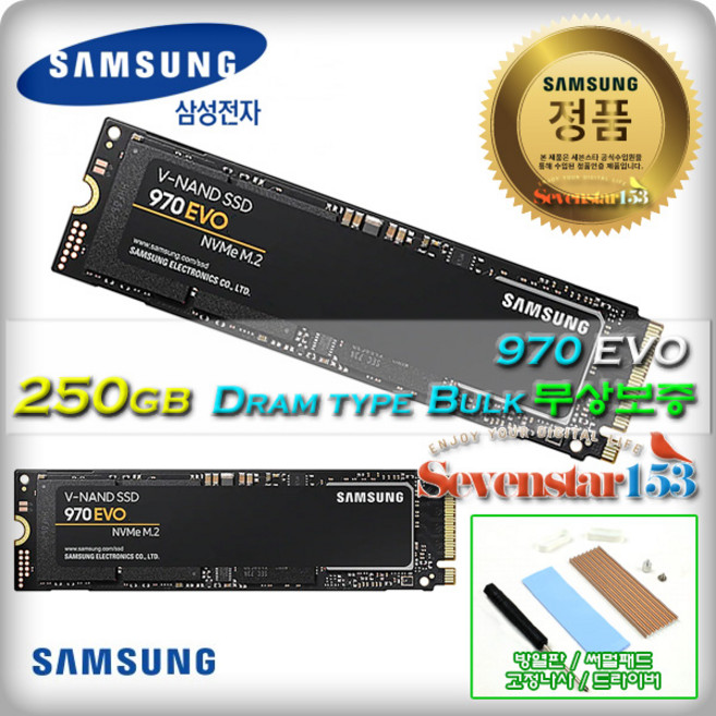 삼성전자 삼성(정품) 970 EVO M.2 2280 NVMe (250GB) /벌크/무상보증 / 히트싱크 방열판+고정나사 ~7S153, 250GB
