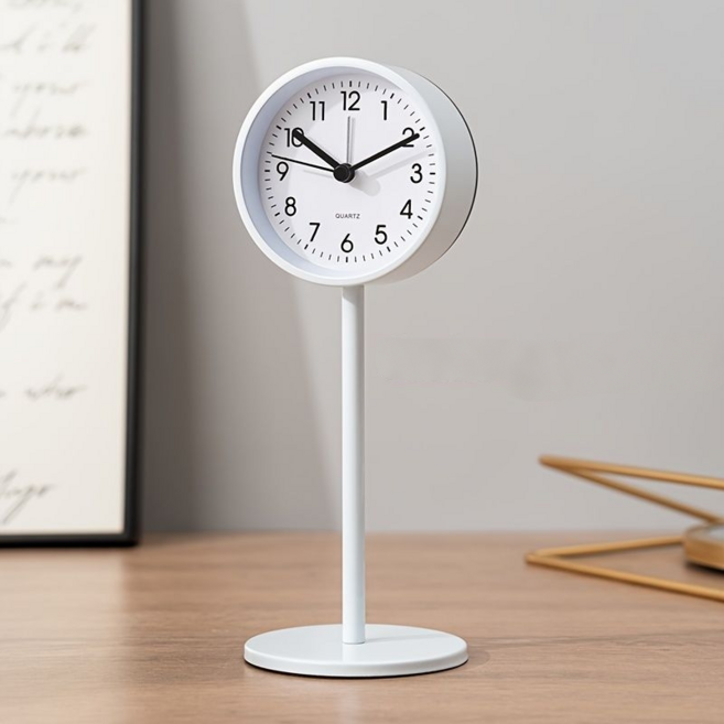 저소음 인테리어용 금속 미니멀 스탠드형 알람시계, 화이트