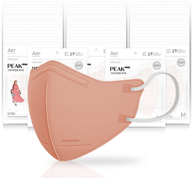 아에르 피크라이트 보건용 마스크 KF80 대형, 코랄핑크, 1개, 50개입
