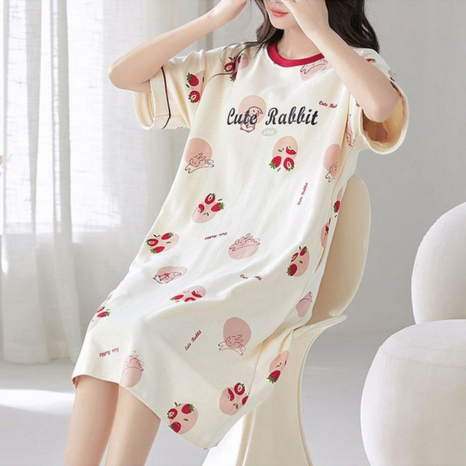 스타일아유 파자마 여성용 얇은 라운드넥수면원피스 브라캡 내장 프린트 반팔 홈웨어 OP2105