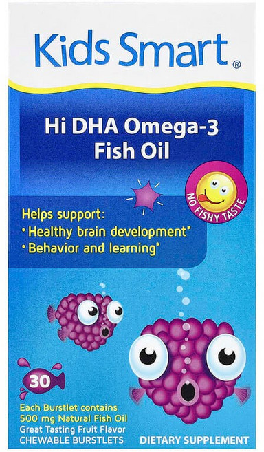Kids Smart Kids Smart® 하이 DHA-오메가 3 피쉬 오일 과일 맛 츄어블 버스트릿 30개 BGL-80505, 1개