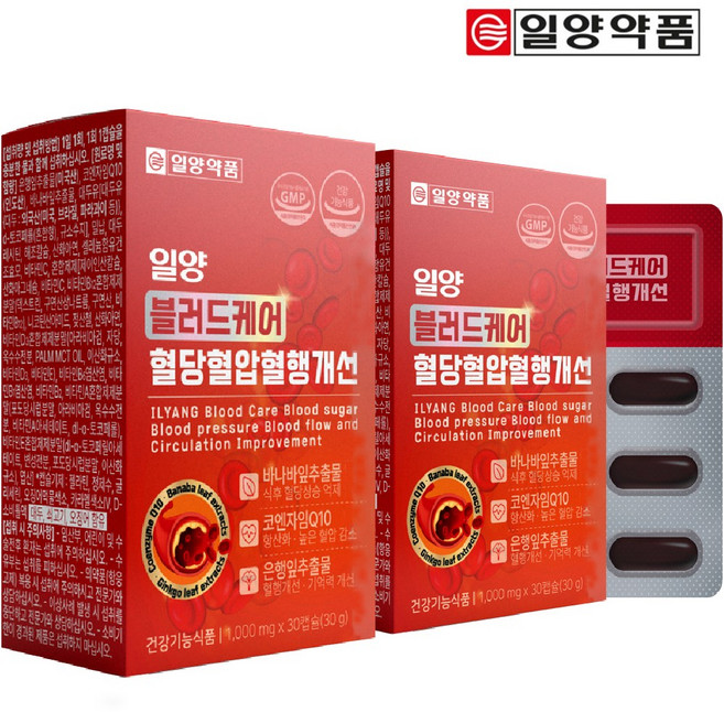 일양약품 일양 블러드 케어 혈당 혈압 혈행 개선 코엔자임Q10 바나바잎 은행잎추출물 기억력개선 항산화, 2개, 30정