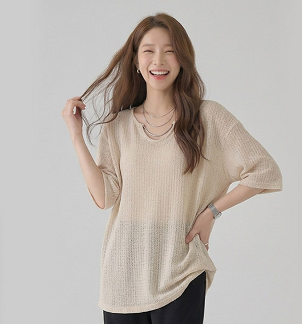 드마엘 케이티 여성 넥라인 체인 찰랑 시원한 루즈핏 반팔 티셔츠 (3color)+델로나