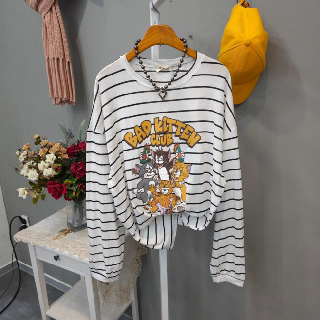 키치 냥이 단가라 박스 긴팔티셔츠