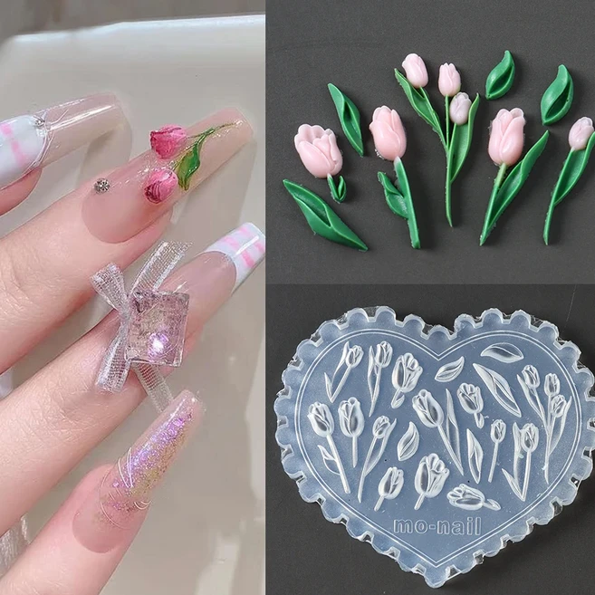 3D 하트 모양 실리콘 네일 몰드 - 버섯 나뭇잎 튤립 꽃 디자인 레진 데코용, 03 G-409-05