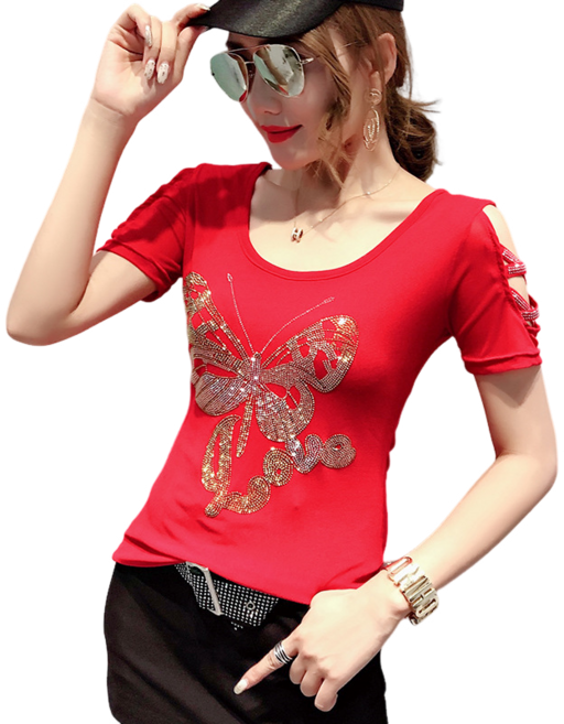 댄스복상의 여성용 레이스 핫픽스 빅사이즈 망사 스판 반팔 티셔츠 Women's T-shirt