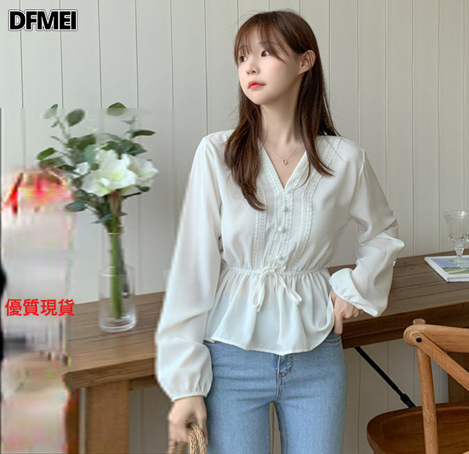 DFMEI 韓版 v領鬆緊腰花邊拼接長袖襯衫