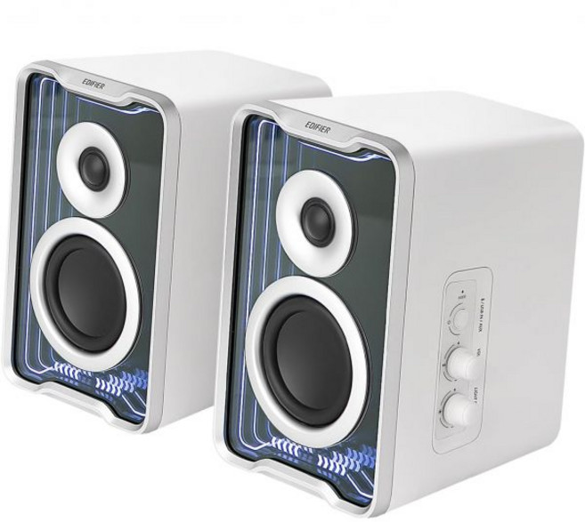 Edifier QR30 2.0 데스크톱 액티브 스피커 컴팩트 블루투스 V5.4 컴퓨터 무선 책장 30WRMS 3.5mm AUX 및 USB-A 유선 입력 동적 조명 효과 앱 제어, White, Modern, 화이트