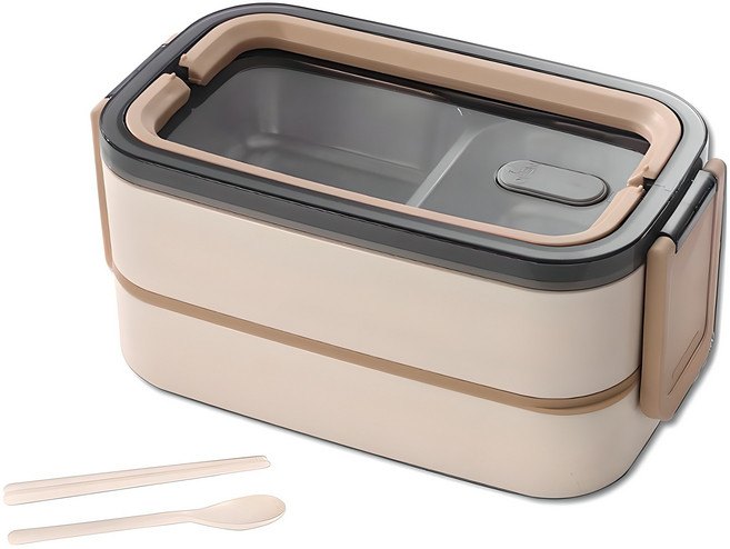 살림의발견 직장인 전자레인지 스텐 도시락통 2단 1400ml + 수저세트, 아이보리, 1개