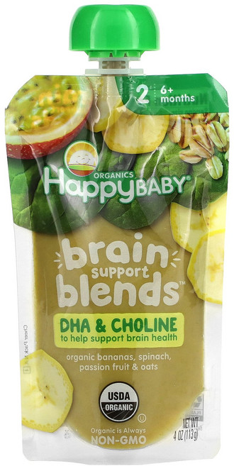 Happy Family Organics Baby® Brain Support Blends™ 생후 6개월 이상 유기농 바나나 시금치 패션프루트 & 귀리 113g(4o, Happy Family Organics, Baby®,