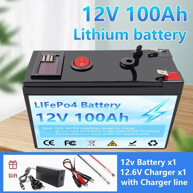 12V 100Ah LiFePO4 리튬 배터리 4000+ 딥 사이클 내장 BMS 10년 수명 UPS 카약 어군탐지기 태양광 패널 라, 03 12V 100Ah Charger x1