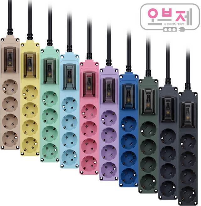 현대일렉트릭 오브제 4구 멀티탭 국내생산 고용량 멀티탭 누전차단 과부하차단 에어컨 냉장고, 스카이블루, 1개, 5m