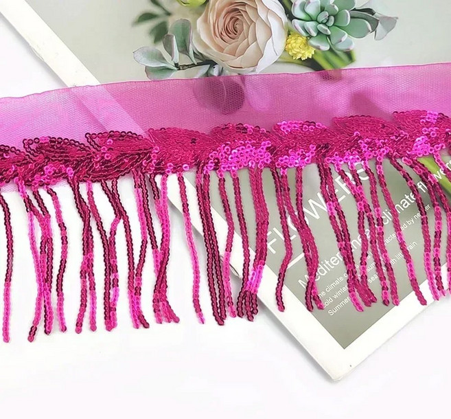 술 레이스 트림 테이프 스팽글 프린지 리본 댄스 퍼포먼스 트리밍 프린지 DIY 의류 재봉 액세서리 1/2 야드 10cm, 10cm-1Yard, 13RoseRed, 1개