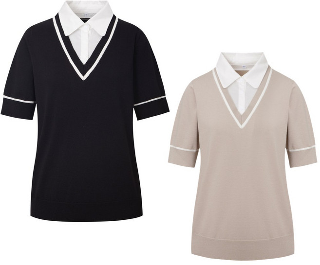 여성골프티셔츠 클래식 배색 니트 카라 골프 반팔티셔츠 여성골프웨어