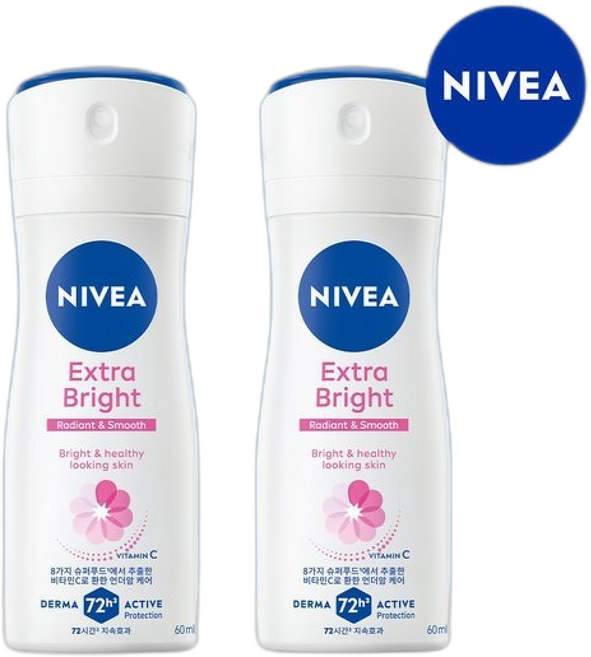 니베아 데오드란트 스프레이 엑스트라 브라이트, 60ml, 2개