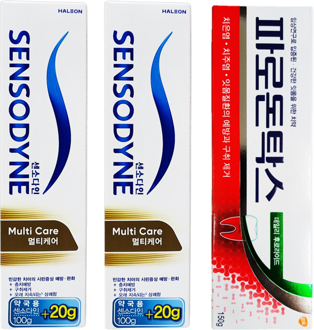 HALEON [약국정품] 파로돈탁스 데일리 후로라이드 150g x 1개 + 센소다인 멀티케어 120g x 2개 + 증정 칫솔, 1세트, 390ml