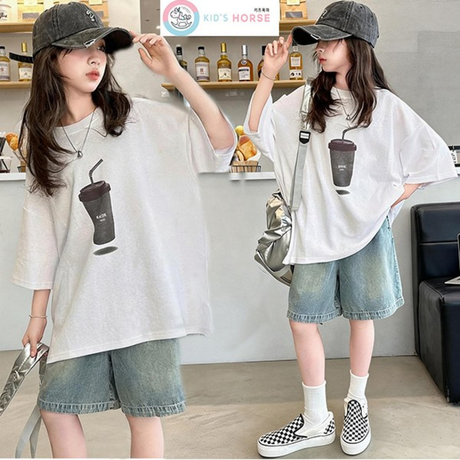 키즈목마 여름신상 여아 반팔 데님반바지여름신상 여아 오버핏 반팔 데님반바지 세트 주니어 티셔츠 반바지 상하복622