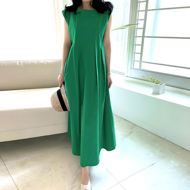 네모엔룩 여성용 모던절개핀턱 여름 A라인 핀턱주름 캡민소매 면 무지 롱 원피스(허리끈 포함)