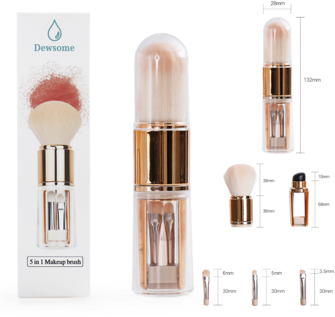 듀솜 5in1 휴대용 페이스 메이크업 파우더 실리콘 립 컨실러 블러셔 아이라인 섀도우 브러쉬 세트, 1개, 골드