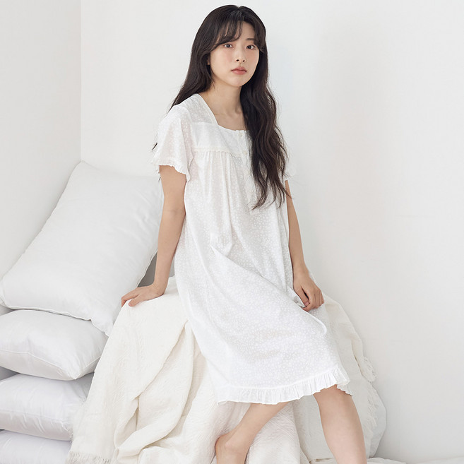 메이플라워 화이트퓨어 반팔 순면 여성 빅사이즈 잠옷 홈웨어 원피스 잠옷