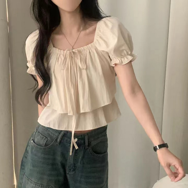 쪼예 오프숄더 투웨이 밴딩 퍼프 캉캉 프릴 반팔 블라우스