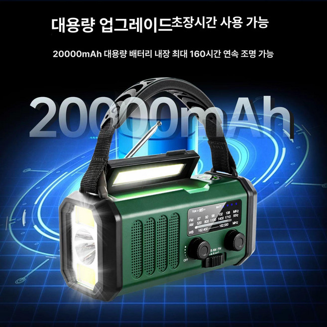 수동식 크랭크라디오 자가발전 비상용 충전 태양광, 20000mAh, 기본 모델명/품번