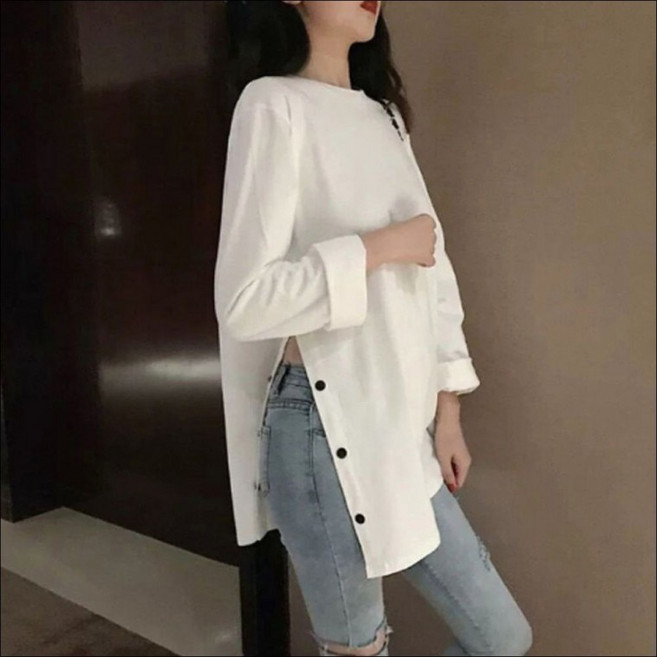 여성 롱 2색 면티 긴팔티 루즈핏 트임 티셔츠 버튼 사이드