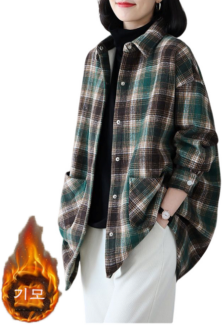 여성용 봄가을 체크 셔츠 아우터 박시 칼라 셔츠 코트 뉴타임즈F8016