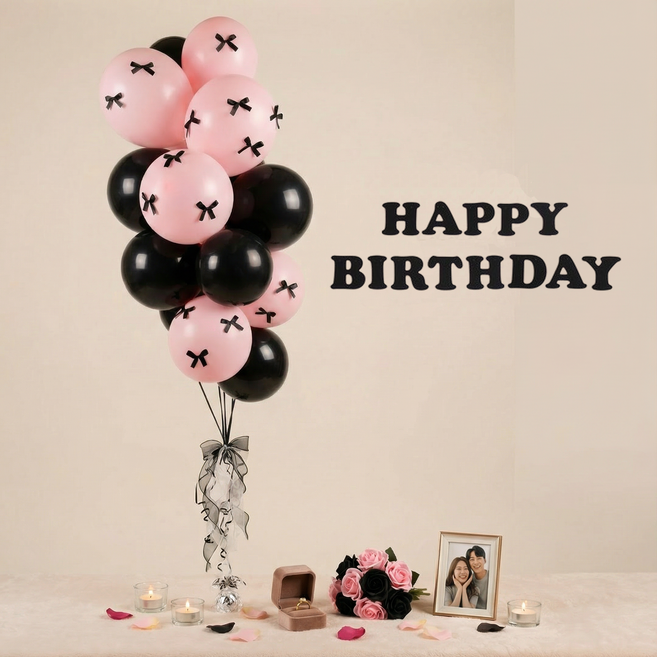 크레샤 블랙핑크 생일파티용품 헬륨효과 파티풍선세트, 1박스, 핑크리본