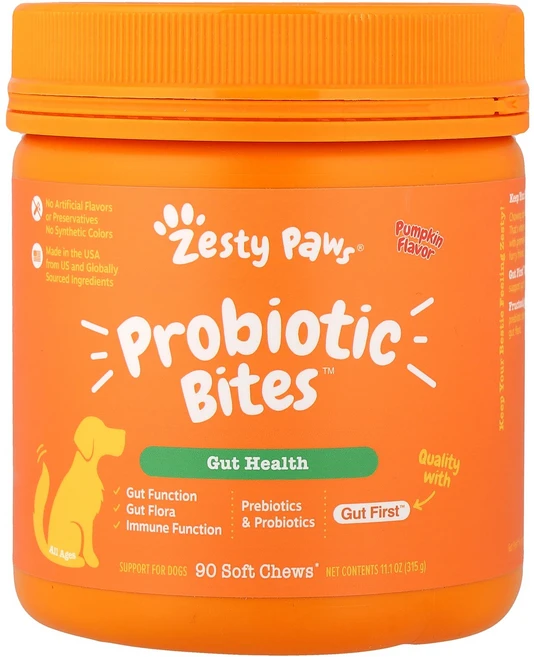 Zesty Paws Probiotic Bites™ 반려견용 모든 연령 호박 맛 소프트츄 90개 315g(11.1oz) Paws (제스티 포즈), 1개 - 쿠팡