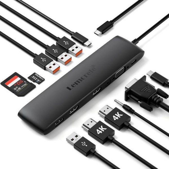 노트북용 Lemore USB 듀얼 모니터 도킹 스테이션 12 in 트리플 디스플레이 멀티포트 허브 어댑터 HDMI 4K VGA 10Gbps 2개 USB3 USB2 100W PD, Black-12 in 1