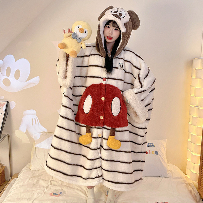 秋冬保暖絨毛連帽睡袍 可愛開衫居家服 女款加大碼可外穿睡衣