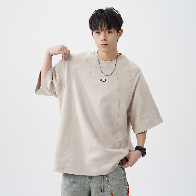 HANYO 남성용 스웨이드 질감 입체 분할 디자인 루즈핏 캐주얼 반팔티