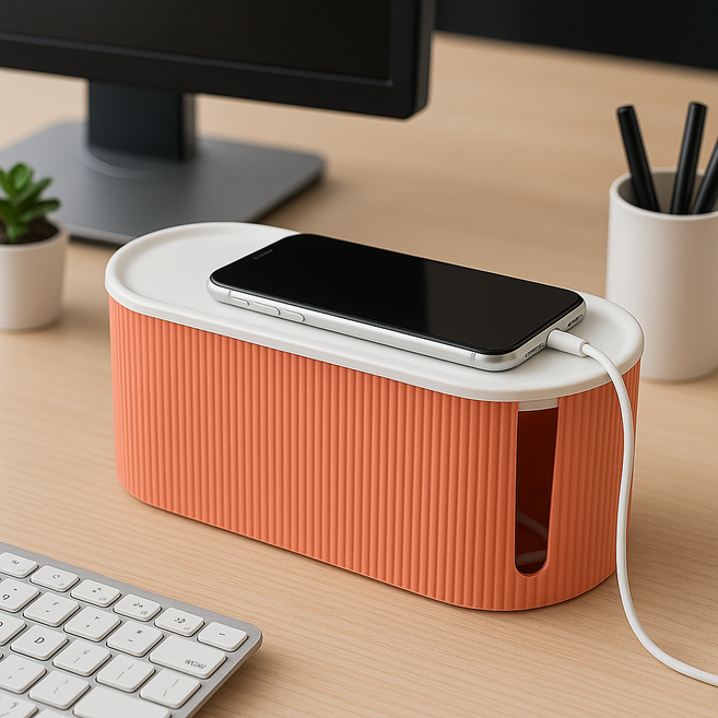 하스몰 투톤 컬러 멀티탭 템바보드 케이블 박스 정리함, 화이트 오렌지, 1개