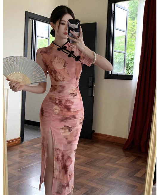 改良式旗袍印花中長洋裝 復古中國風網紗 前開衩包臀剪裁, 單色