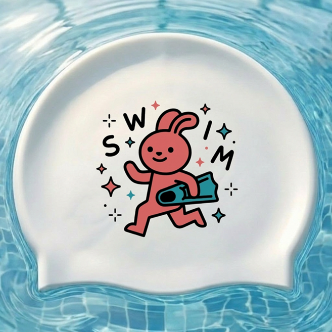 커브업 SWIM 오리발 토끼 실리콘 수모 수영모자, FREE, 화이트, 1개