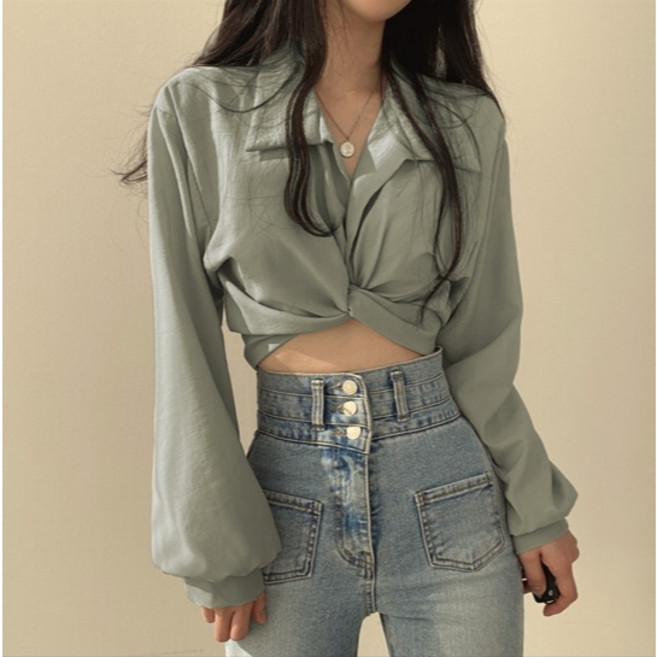 梨卡 女裝長袖襯衫 美式復古扭結 蝴蝶結露背設計 韓版翻領