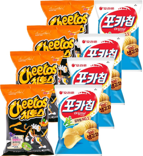 롯데 오리온 스낵모음 치토스 매콤달콤 82gx4개+포카칩 오리지널 66gx4개 (총8개), 82g