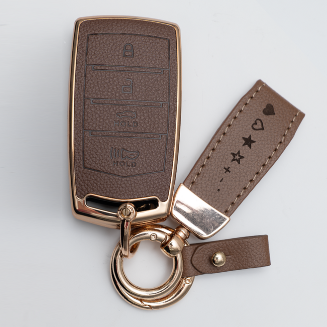 양면각인 제네시스 호환 G70 G80 G90 EQ900 리모컨 가죽 차키케이스 커버 스마트 4버튼 키홀더 스트랩, KH17_TL59, 브라운골드